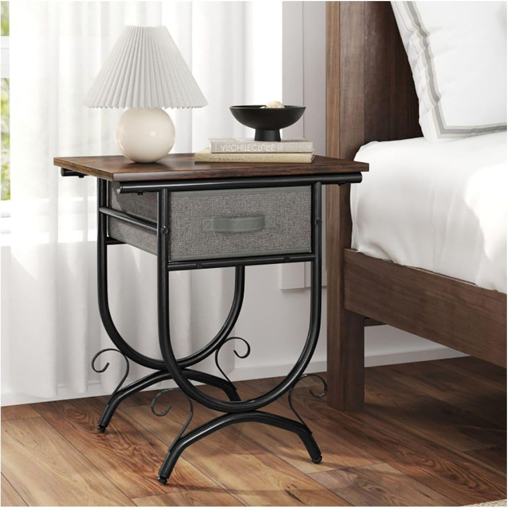 Side Table with Fabric Drawer & Metal Frame - Living Room, Bedroom - Black & Gray - 19" x 14" x 21"