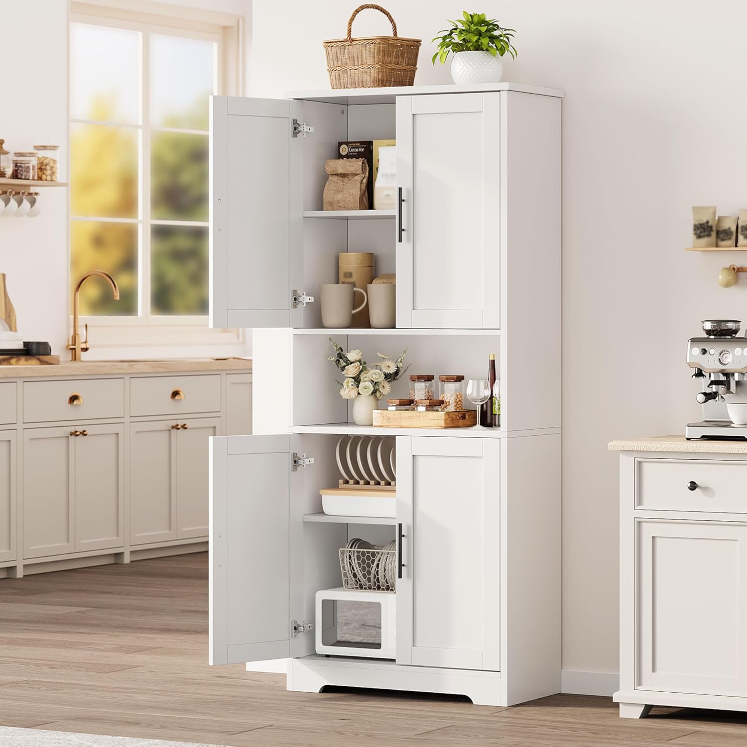 Kitchen Pantry Cabinet, 70in Tall White Storage Cupboard with Doors and Adjustable Shelves, Freestanding Stand Alone Wood Furniture Hutch for Living Room, Bathroom, Home Organization
