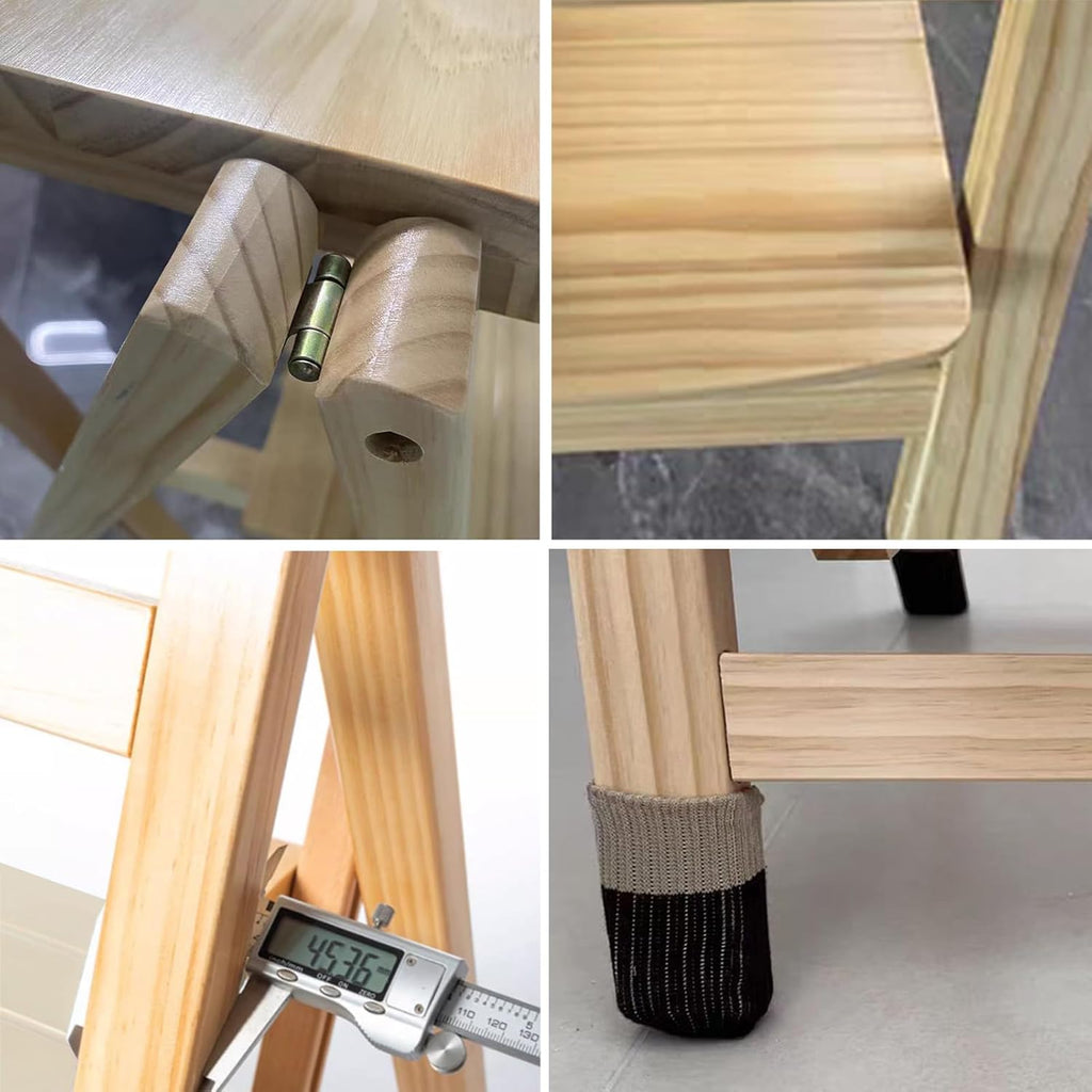 Folding Bar Stool, 3 Step Multifunction Portable Adults Solid Wood Ladder Stool for Household Kitchen, Bathroom Storage Shelf, Wood Color