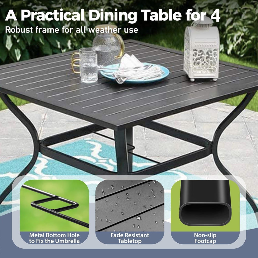 SUNSHINE VALLEY 5 Piece Patio Dining Set for 4, 37”x37” Square Table with Umbrella Hole, 4 Metal Brown Chairs, Outdoor Table and Chairs Set for Lawn Backyard and Deck