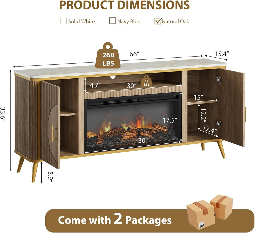 Fluted Fireplace TV Stand Up to 80" TVs, Modern Entertainment Center with 30" Electric Fireplace, Luxury Media Console with Adjustable Shelves for Living Room, Nature Oak