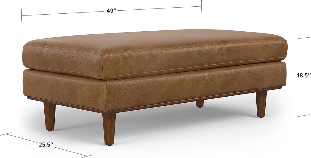 SIMPLIHOME Morrison 49" Wide Genuine Leather Rectangle Ottoman in Caramel | Caramel brown, mid-century modern ottoman with a cushioned top for extra seating, coffee table or footrest.