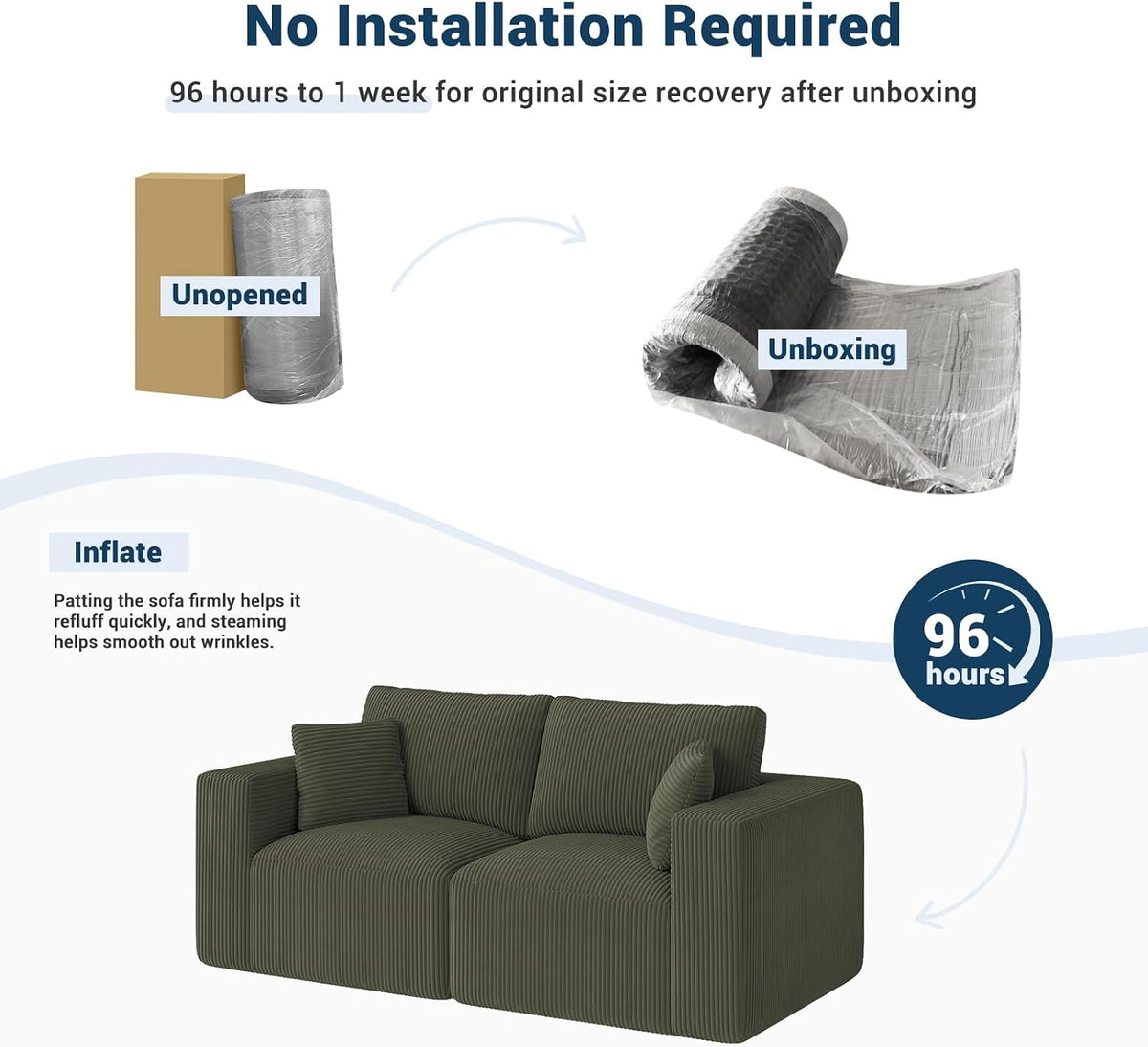 Modular Loveseat Couch Cloud Couches for Living Room - 79" Sofa - No Assembly Required, Cozy Corduroy Convertible Full Sponge Compression Sofas for House, Apartment(Green)