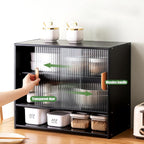 Countertop Storage Cabinet with 2 Sliding Striped Glass Doors, Freestanding Kitchen Bamboo Pantry Sideboard with Adjustable Shelf, Black Utility Cupboard for Home Bar, Coffee Bar