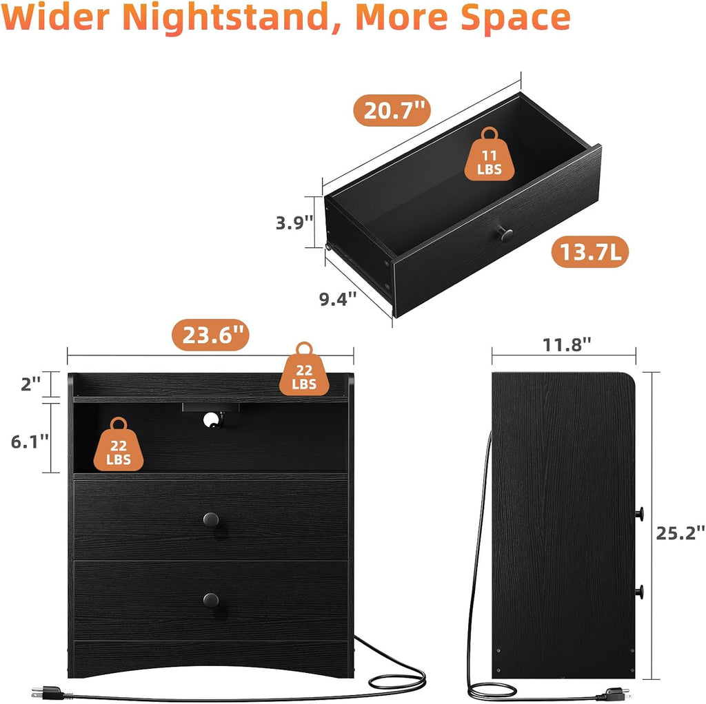 Memobarco 2 Pack Nightstand with Charging Station and LED Light, Black | Modern Nightstand, USB Ports, Outlets, Wooden Bedside Table, 2 Storage Drawers, Small Dresser, Bedroom, Small Space