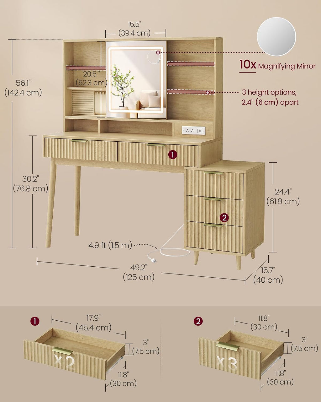 VASAGLE Fluted Vanity Desk with Sliding Mirror and Lights, 5 Drawers | Contemporary Makeup Vanity, Charging Station, Jewelry Storage, Oak Beige, MAXE Collection URDT139YC01S