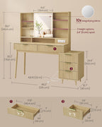 VASAGLE Fluted Vanity Desk with Sliding Mirror and Lights, 5 Drawers | Contemporary Makeup Vanity, Charging Station, Jewelry Storage, Oak Beige, MAXE Collection URDT139YC01S