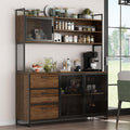 AIEGLE Large Kitchen Hutch Storage Cabinet, Pantry Cabinets with Hutch, Metal Frame Cupboard with Mesh Door, Drawer & Microwave Shelf, Freestanding Kitchen Storage, Brown (59" W x 15.7" D x 68.5" H)