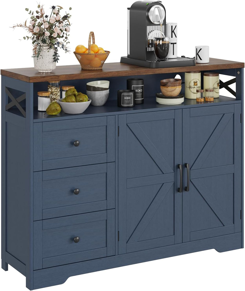Befrases Farmhouse Buffet Cabinet with Drawers & Open Shelf, Sideboard with Storage, Kitchen Pantry Cabinet Hutch, Coffee Bar Station for Kitchen, Livingroom, 47" L Blue