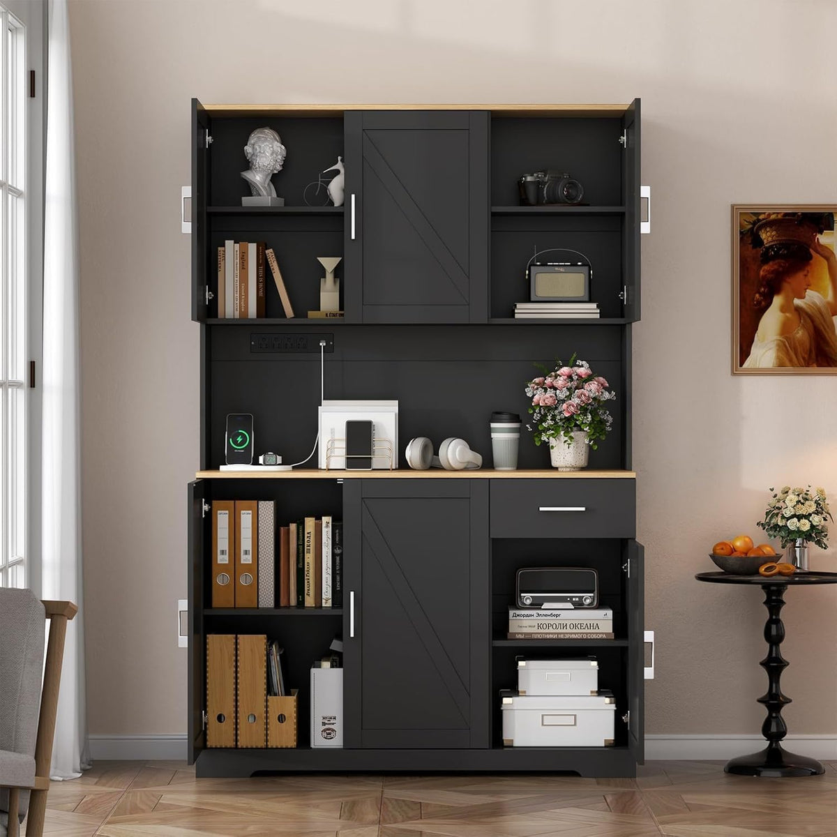 71" Pantry Cabinet,Kitchen Pantry Storage Cabine with Power Outlet,Farmhouse Kitchen Hutch Pantry Cabinet, Tall Hutch with Adjustable Shelf & Door,Food Pantry Storage for Dining Room,Kitchen (Black)