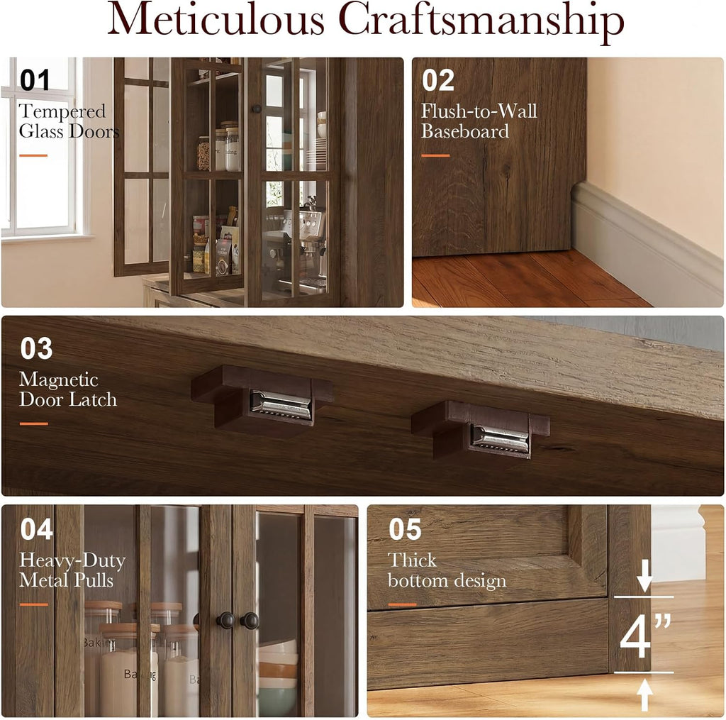 80" Modular Kitchen Pantry Cabinet, 2-in-1 Freestanding Tall Pantry Cabinet with Glass Doors & Adjustable Shelves, Large Hutch Storage Cabinet for Kitchen & Living Room (1, Cracked Oak, AD)