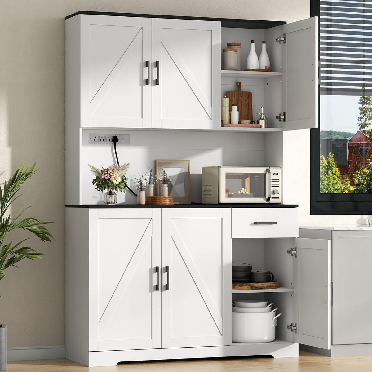 71" Pantry Cabinet,Kitchen Pantry Storage Cabine with Power Outlet,Farmhouse Kitchen Hutch Pantry Cabinet, Tall Hutch with Adjustable Shelf & Door,Food Pantry Storage for Dining Room,Kitchen (White)