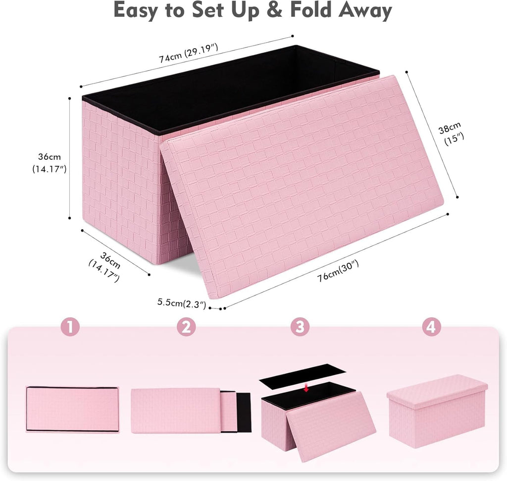 B FSOBEIIALEO Folding Storage Ottoman Bench, 30" Faux Leather Ottomans,Pink | Large Ottoman Foot Rest Padded Seat, Long Storage Bench Chest Box for Bedroom Living Room Hallway
