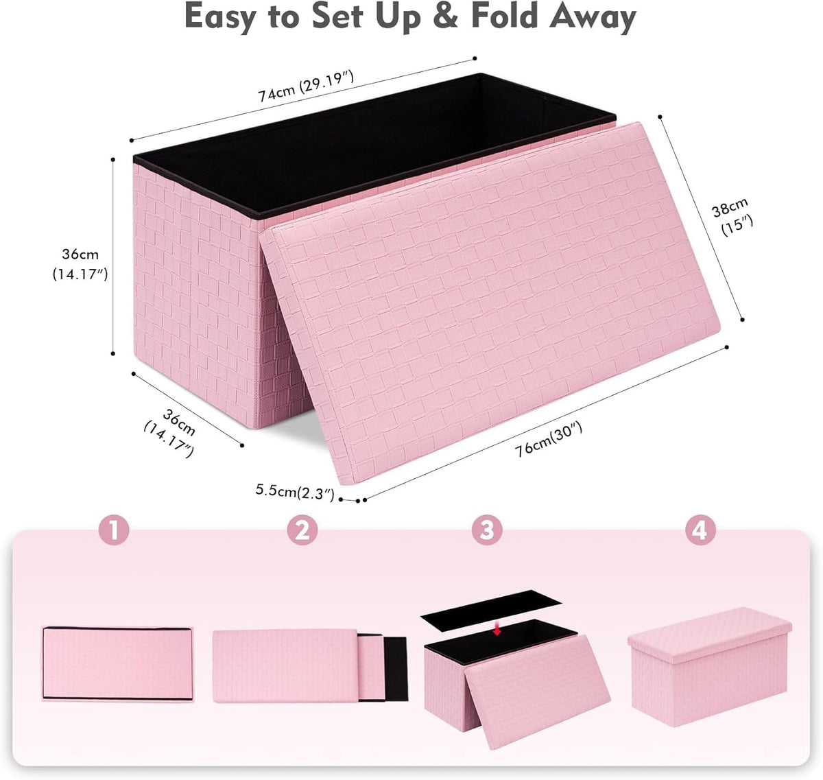 B FSOBEIIALEO Folding Storage Ottoman Bench, 30" Faux Leather Ottomans,Pink | Large Ottoman Foot Rest Padded Seat, Long Storage Bench Chest Box for Bedroom Living Room Hallway