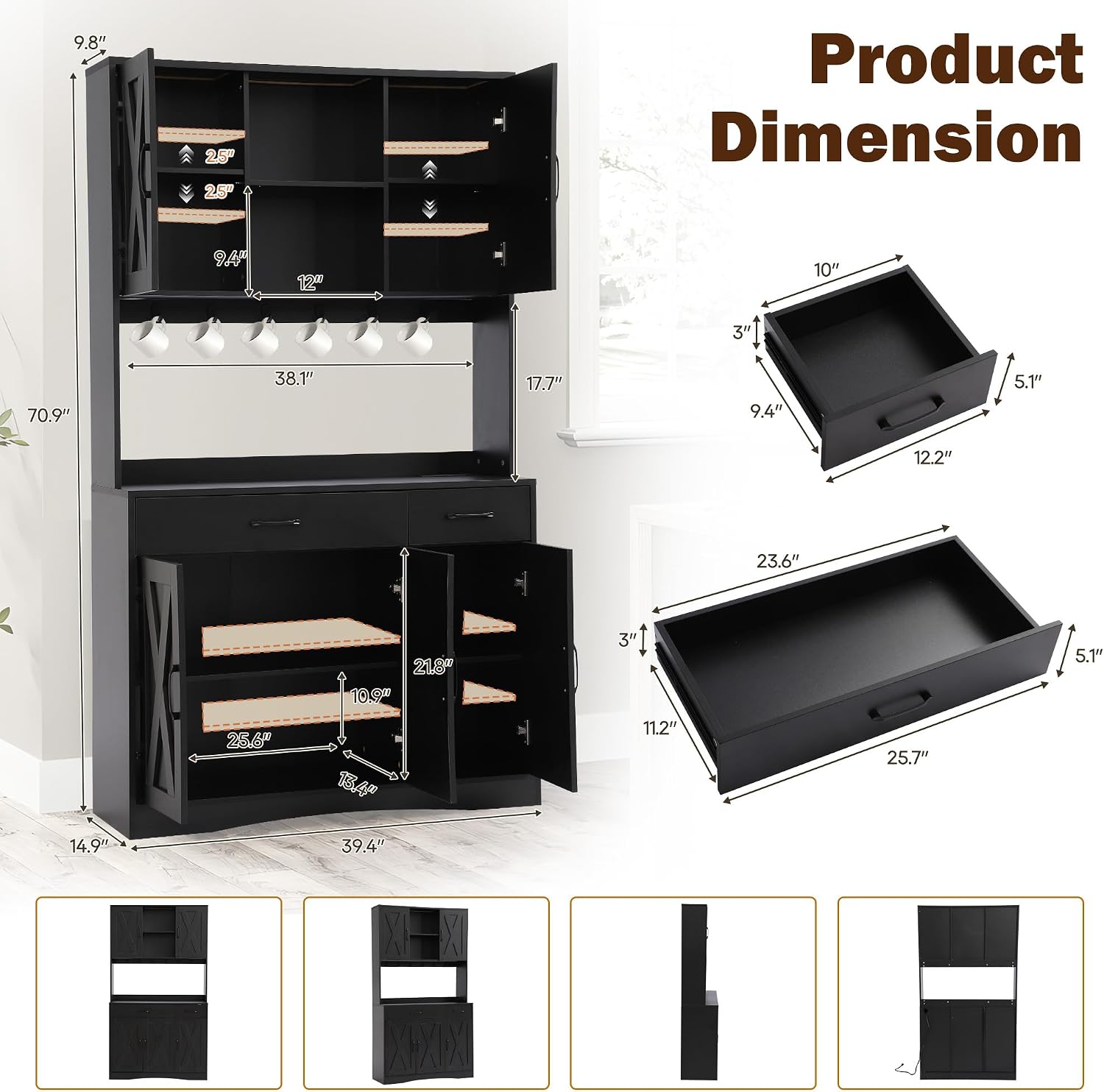 Grepatio 71" Kitchen Pantry Cabinet, Pantry Cabinet with Charging Station, Storage Cabinets with Door, Adjustable Shelves and Hooks, Farmhouse Kitchen Hutch for Dining Room, Living Room (Black)