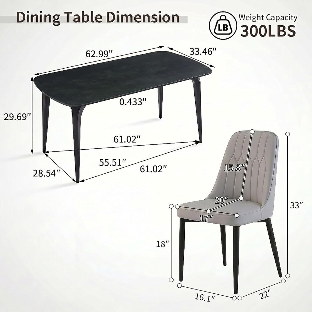 Modern Dining Table Set for 4, 63 inch Sintered Stone Kitchen Table and Chairs,Rectangular Dining Table Set of 4 with PU Leather Chair, 5 Piece Dining Room Table Set for Kitchen, Office, Apartment