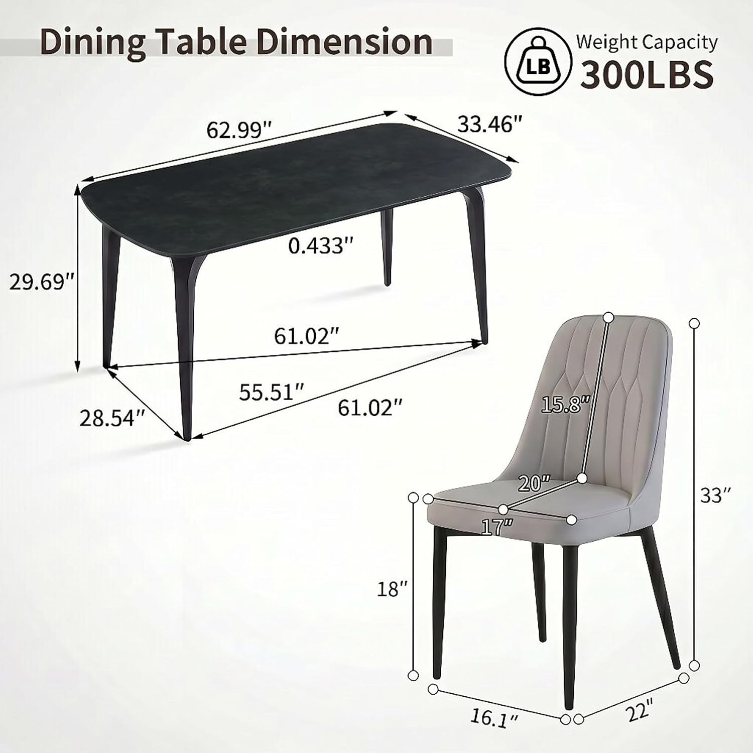 Modern Dining Table Set for 4, 63 inch Sintered Stone Kitchen Table and Chairs,Rectangular Dining Table Set of 4 with PU Leather Chair, 5 Piece Dining Room Table Set for Kitchen, Office, Apartment