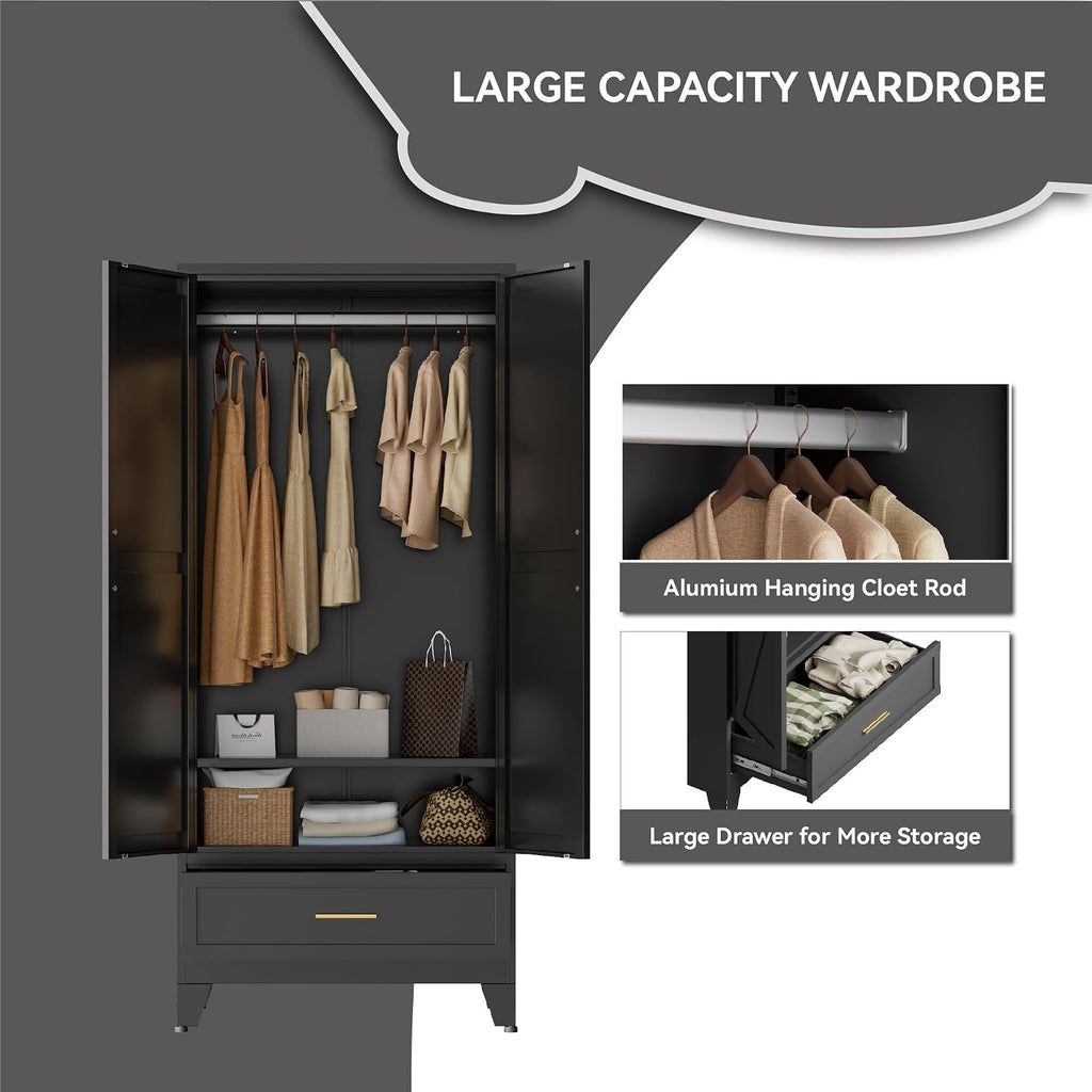 Black Metal Wardrobe Closet, Steel Armoire Wardrobe with Drawer Clothes Cabinet for Bedroom, 71" Tall Farmhouse Armoire Closet with Drawer, Shelf and 2 Doors Clothing Storage Cabinet with Hanging Rod