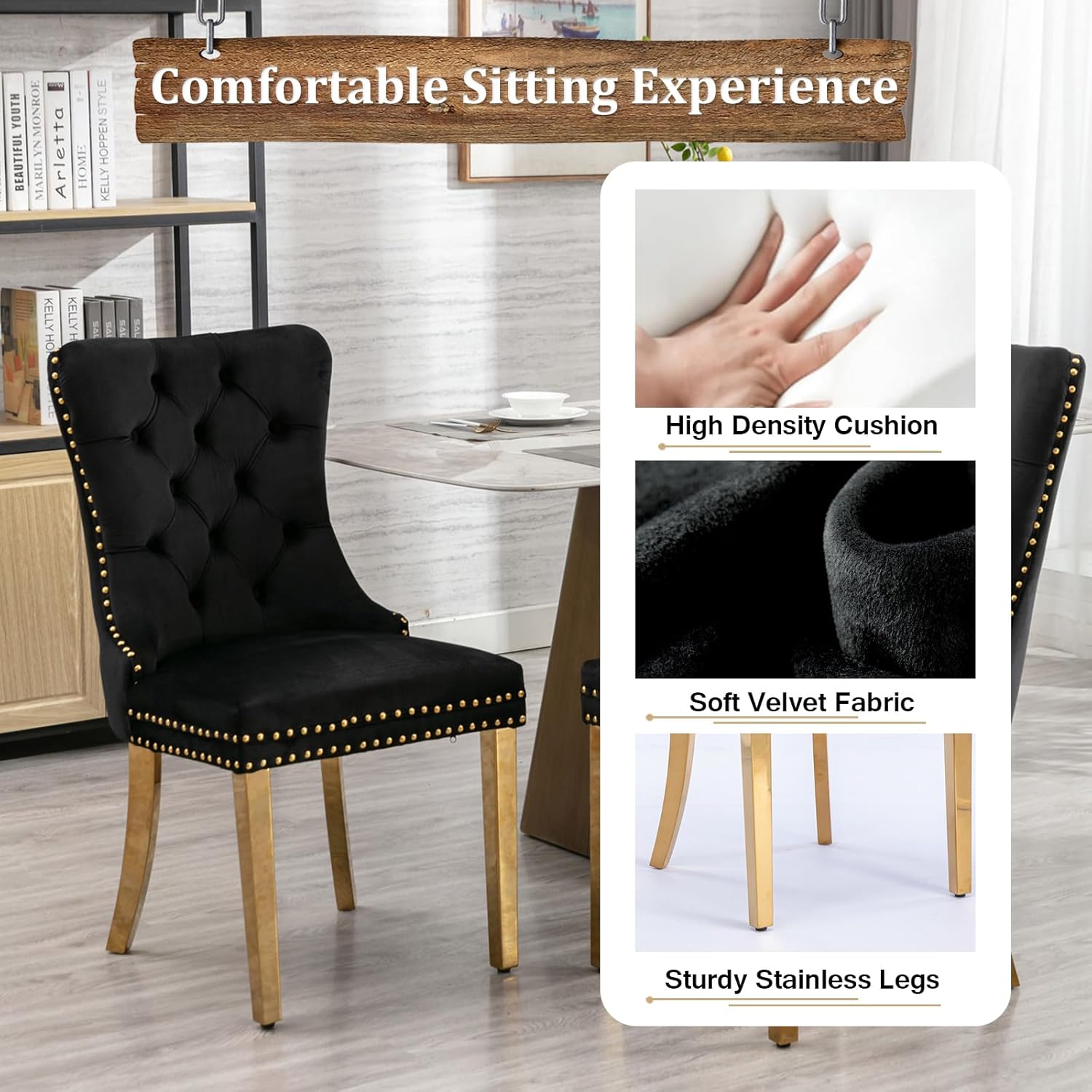 68" Faux Marble Dining Table Set for 6, Black Gold Dining Room Table with Stainless Steel Pedestal & 6 Black Velvet Dining Chairs, Modern Kitchen Table Chairs Set of 6, Luxury 7 Piece Dining Sets