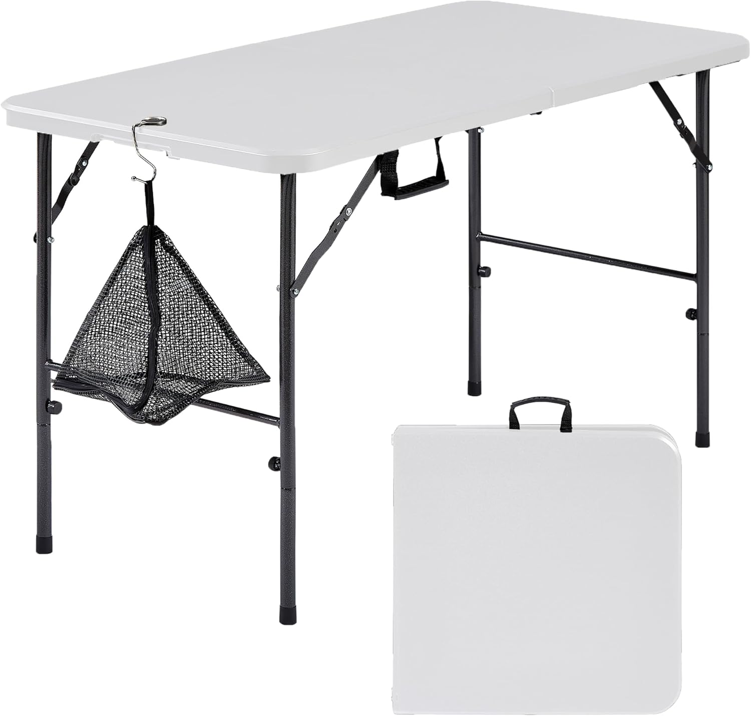 VECELO Folding Table 4 Foot with Mesh Bag, Indoor Outdoor Heavy-Duty Portable w/Handle,Fold-in-Half for Picnic, Party, Camping, White
