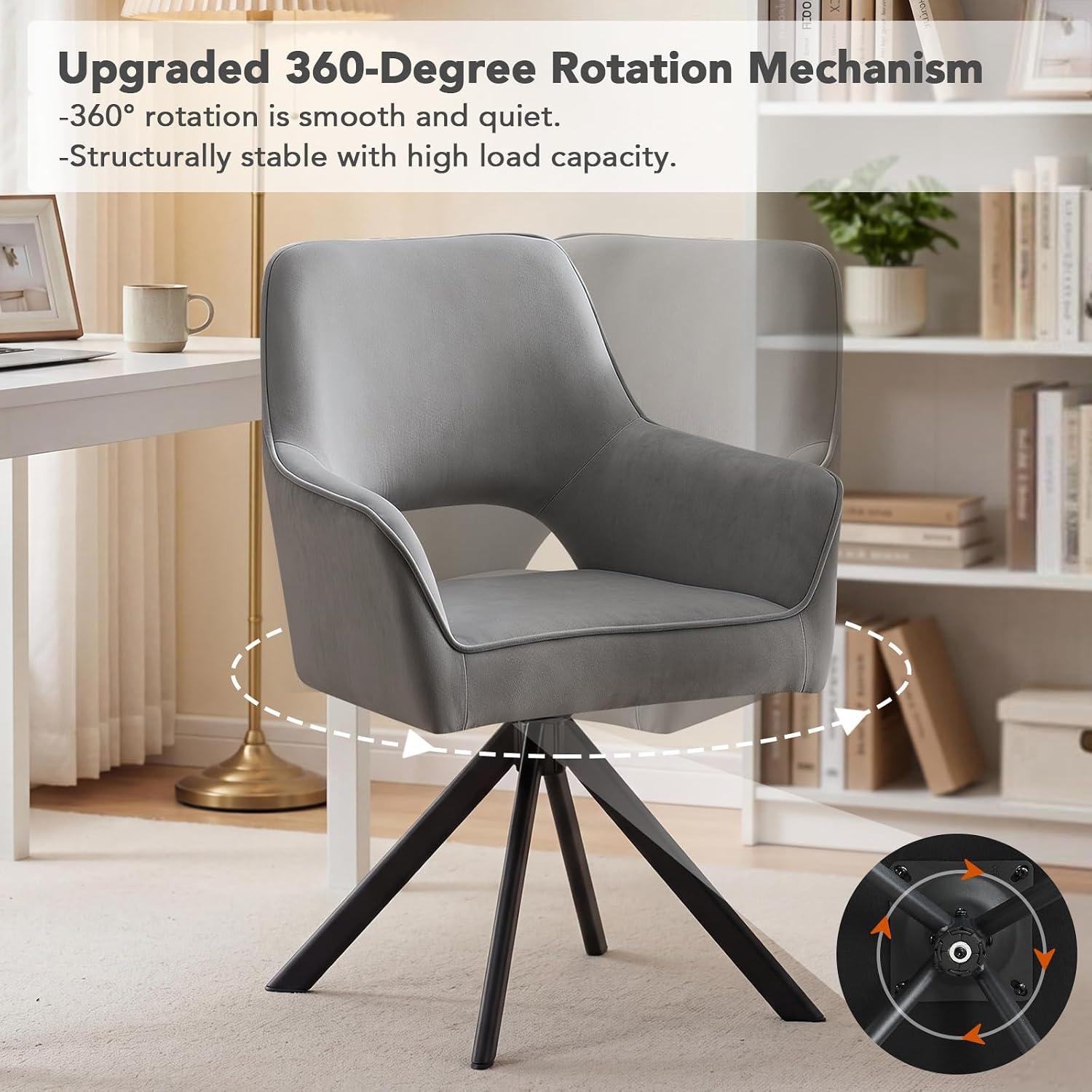 Furniliving Modern Swivel Dining Chairs Set of 2, Upholstered Chenille Dining Room Chairs with Thicken Cushion, 360° Rotating Kitchen Chairs with Metal Legs for Dining Room