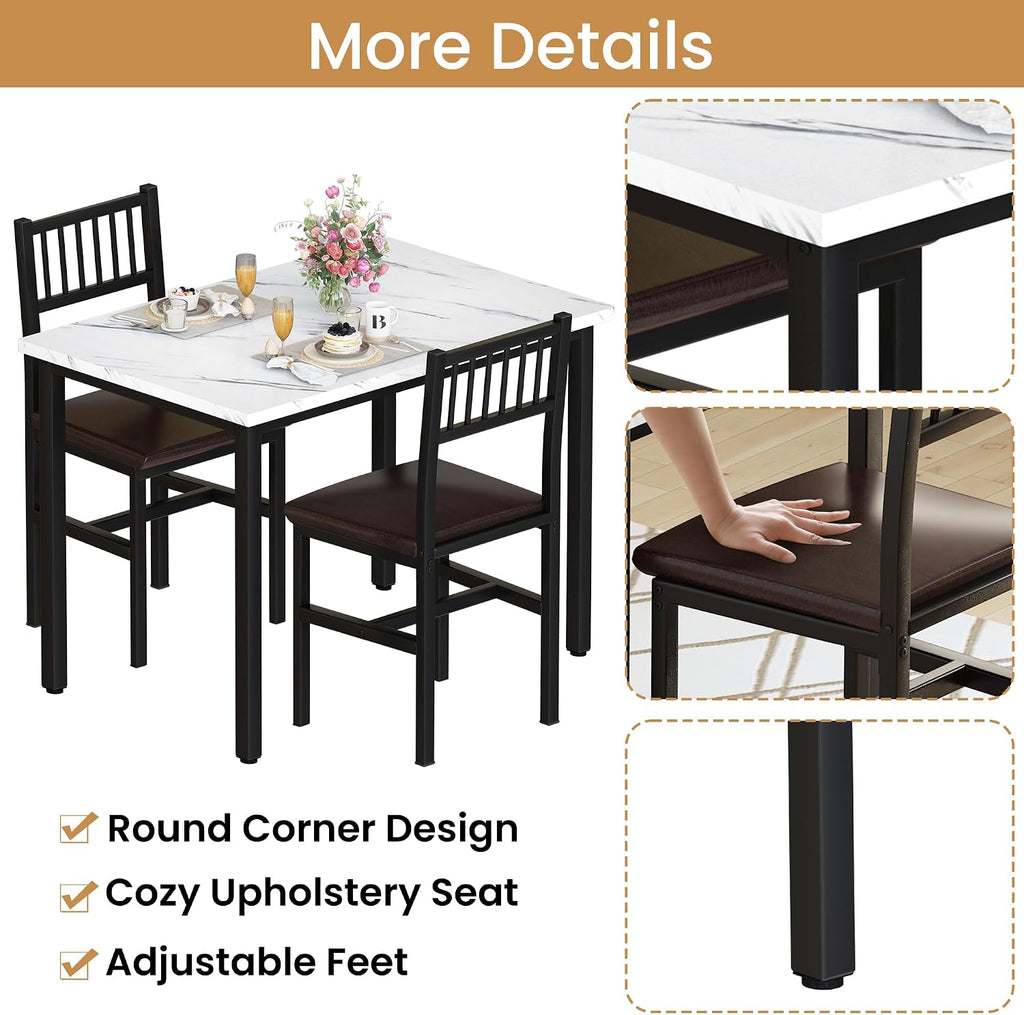 AWQM 3 Piece Dining Table, Small Kitchen Table Set for 2 with Chairs(White) | Wood Breakfast Nook Table and Upholstered Chairs Set of 2,Dinette Set for Small Space,Dining Room,Office, Apartment.