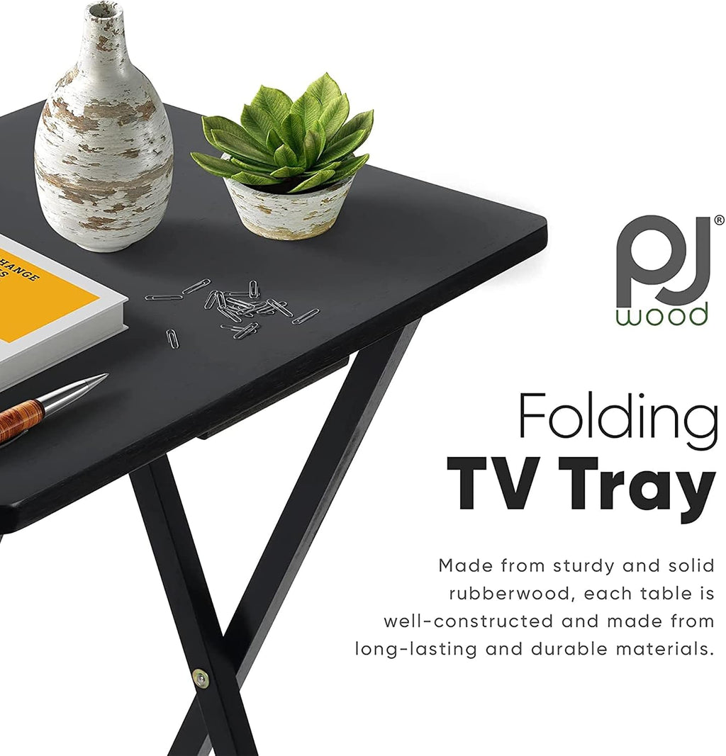 PJ Wood - Folding TV Tray Table Set of 2 - Black Collapsible Snack Tables | Solid Rubberwood Construction, Fully Assembled, 19.09 x 14.57 x 25.98 in, Cross Base Glide Feet, Storage Rack Included, 5 lb