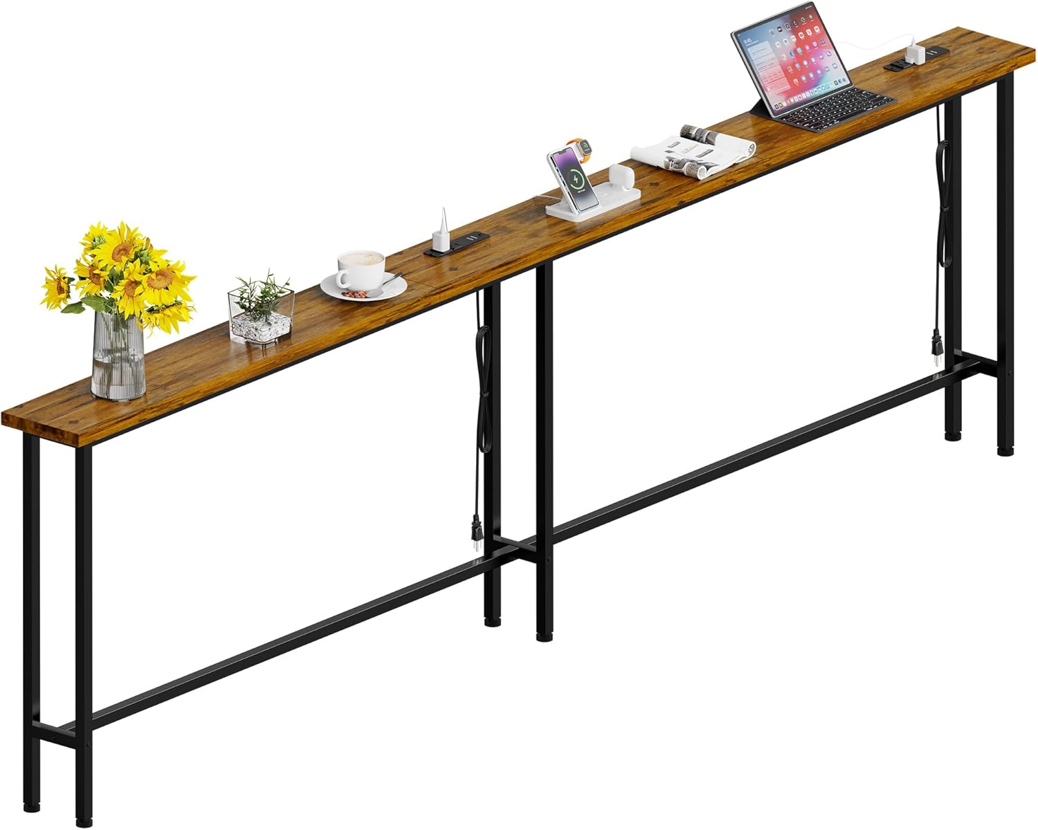 GRLEAF 102" Sofa Table with Built-in Power Strip (4 AC Outlets & 4 USB Ports) – 4.9ft Power Cord, Metal Frame, Easy Assembly, Long Couch Table Behind Sofa, Living Room and Home Office | Rustic Brown