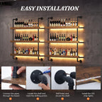Large Wine Rack Wall Mounted with LED Light, Solid Wood Bar Shelves Wall Mounted, 3-Tiers Liquor Bottles Floating Shelves Display Storage Organizer for Home Bar, Dining Room (47.2 inch)