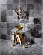 Pemberly Row Lucite and Acrylic End Table, Clear Finish, 4 Sleek Gold Legs, Compact Modern Design for Home or Office, 13.75" H x 12" W x 21.5" D, Elegant Display or Functional Use