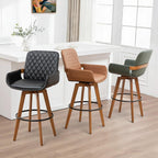 Swivel Counter Stool Set of 1 with Walnut Finish and Bamboo Legs, 26.3 Inch Counter Height Mid-Century Counter Stool with Curved Back and Armrests, Faux Leather Seat, Kitchen Island Seating, Brown
