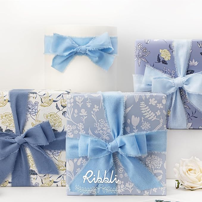 Ribbli 3 Rolls 1.5 Inch x 18Yards Light Blue Baby Blue Dusty Blue Handmade Cotton Frayed Fringe Ribbons for Gift Wrapping Wedding Invites Bridal Bouquets Baby Shower DIY Crafts Home Decor
