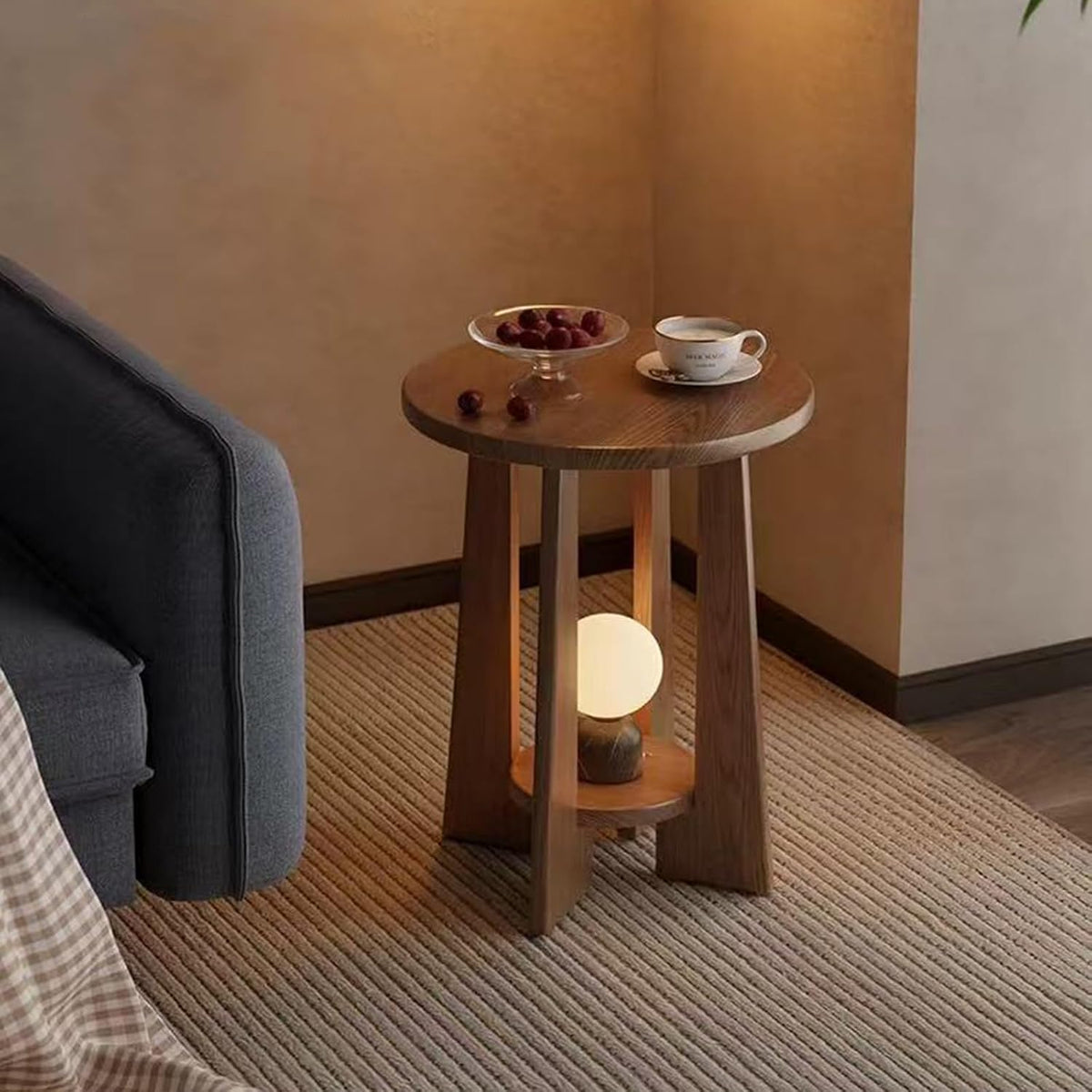 YUNMUAIR-Round Wood End Table with 2-Tier Storage,15.75" Dia Small Accent Sofa Table,Solid Wood Nightstand,Modern Side Tables for Living Room Bedroom Small Space,Walnut Brown
