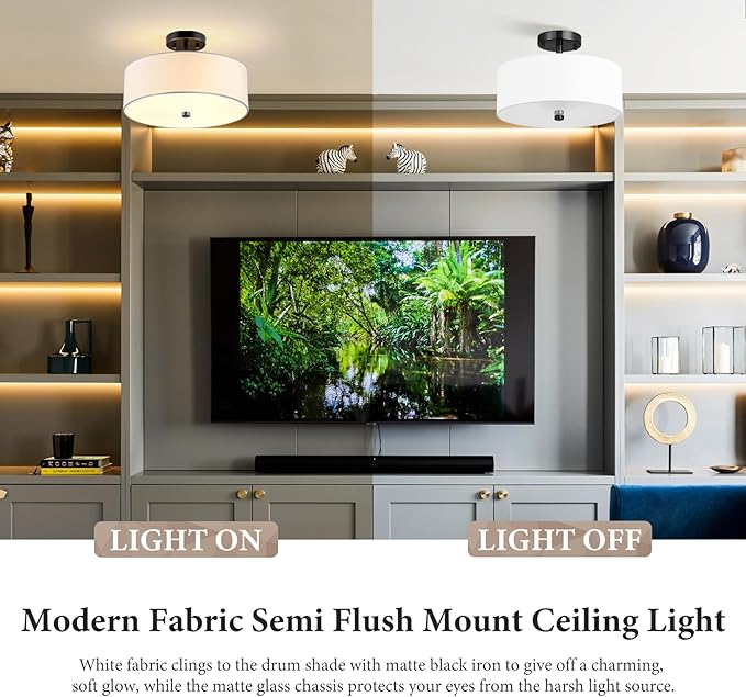 3-Light Semi Flush Mount Ceiling Light Fixture, 13" Black Drum Light, Modern Close to Ceiling Light with White Fabric Shade Lamps for Bedroom Living Dining Room Kitchen Hallway Entryway