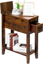 Chairside Table with Charger,Cherry End Table with Movable Top and Charging Station, Narrow Side Table with Storage Cabinet and USB, Sofa Table for Living Room Bedroom