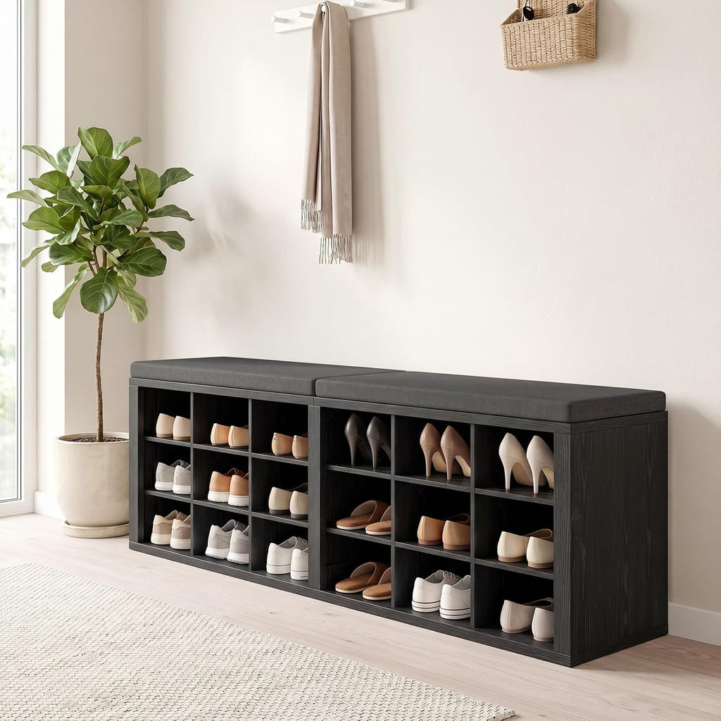 Shoe Rack Bench, Shoe Storage Bench with Cushion, Shoe Organizer 18 Cubbies for Entryway Hallway Bedroom Living Room, Holds Up to 400lbs
