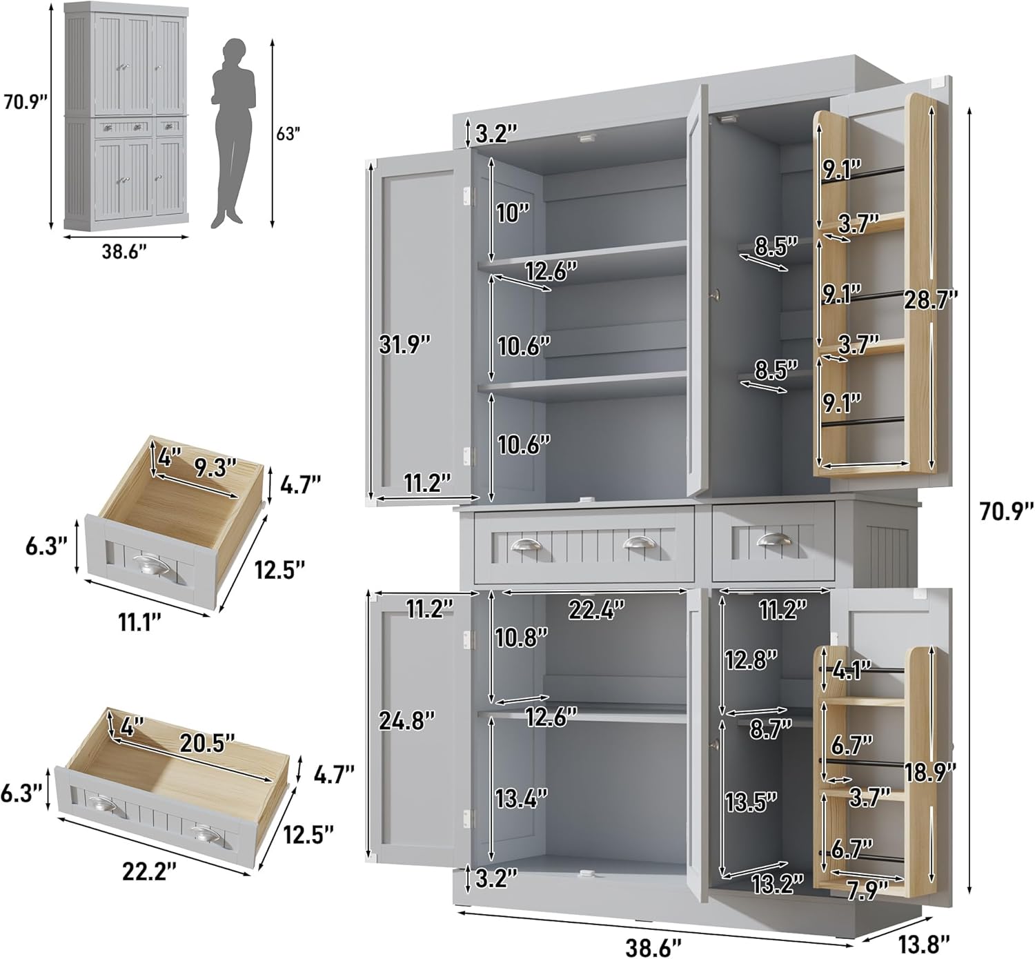 71" Tall Kitchen Cabinet Pantry Storage,Modern Kitchen Hutch Cabinet with Doors and Adjustable Shelves,Large Freestanding Food Pantry with 2 Drawer for Dining Room, Living Room, Hallway,Grey