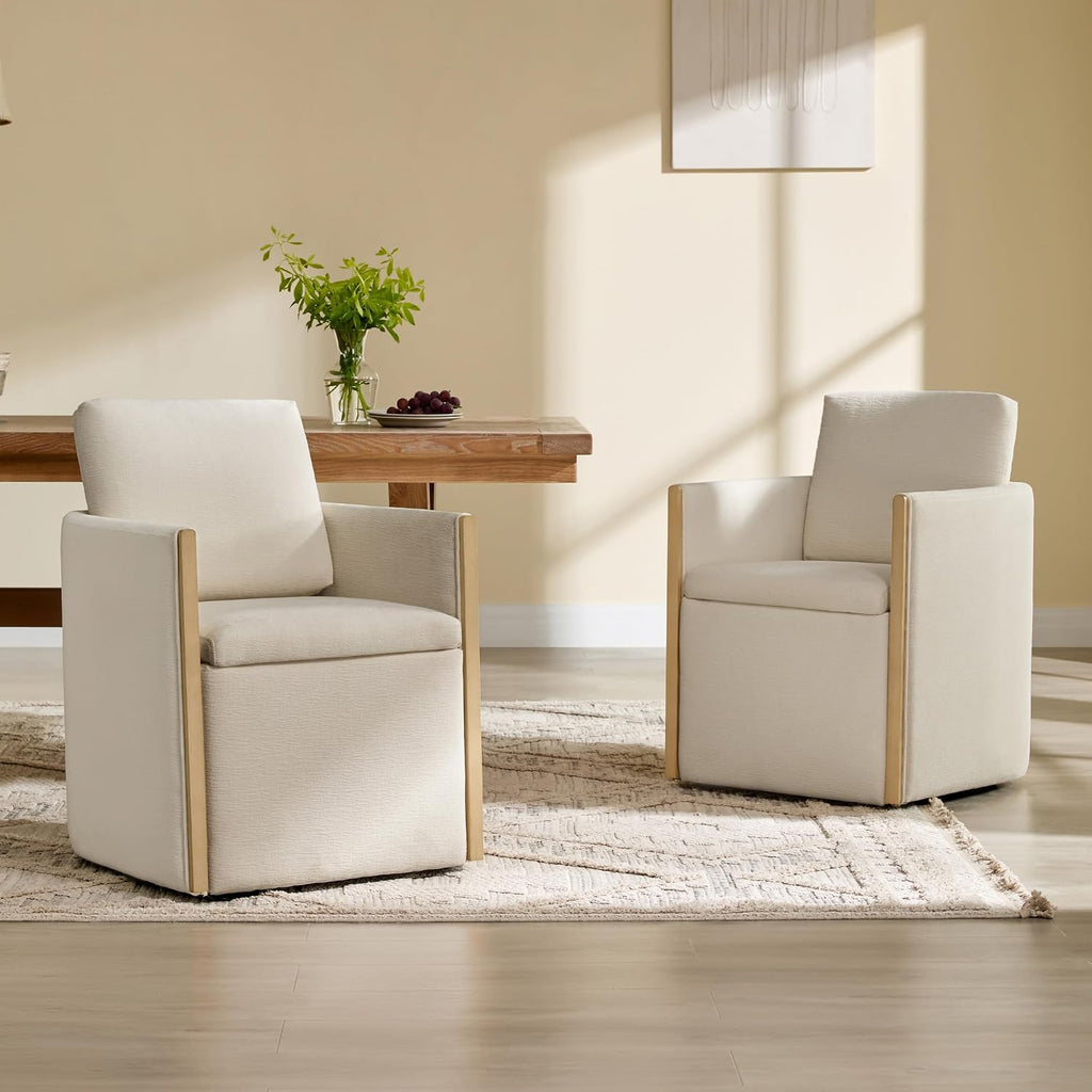 Watson & Whitely Modern Rolling Dining Chair with Casters, Set of 2, Linen | Upholstered Chenille Fabric, Hidden Seat Storage, Wood Arms for Kitchen, Dining Room, Living Room