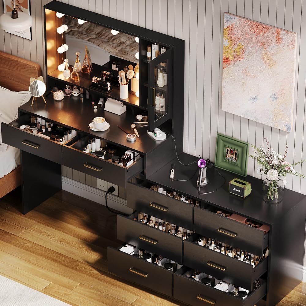 Makeup Desk with Drawers & Cabinet & Dresser, Black Vanity Table with Drawer Dresser, Large Vanity Table with 8 Drawers, Vanity Desk with Large Mirror and 3-Color Lights for Girls, Dressing Table 59"