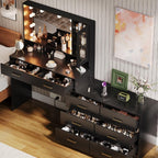 Makeup Desk with Drawers & Cabinet & Dresser, Black Vanity Table with Drawer Dresser, Large Vanity Table with 8 Drawers, Vanity Desk with Large Mirror and 3-Color Lights for Girls, Dressing Table 59"
