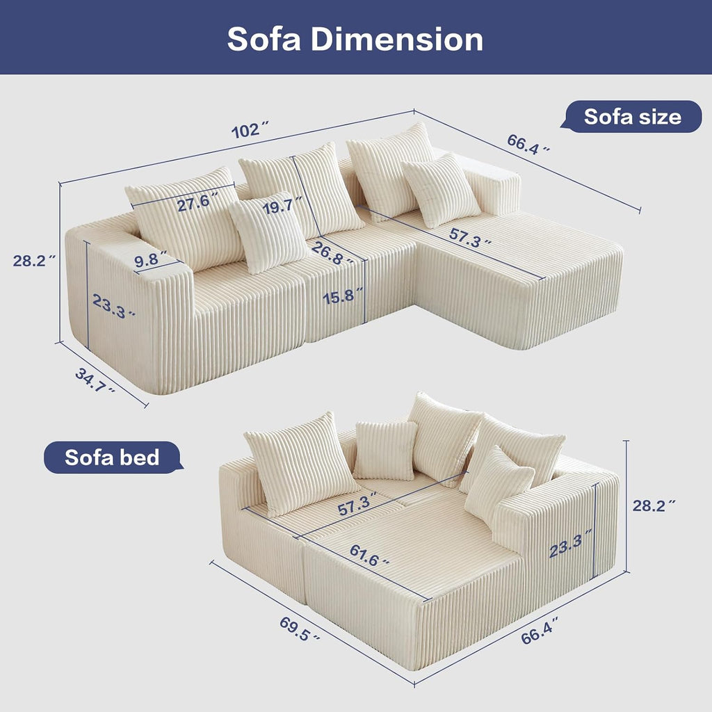 102" L Shaped Convertible Couch in a Box for Living Room Beige | Zero-assembly cloud couch with high-density memory foam for pressure-relieving, frame-free comfort.