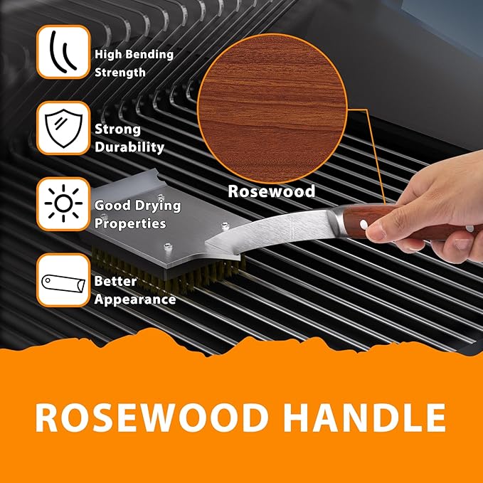 ENLOY Grill Brush and Scraper for Barbecue, 17" Grill Brush for Outdoor Grill, Extended Rosewood Handle and 2 Replaceable Copper Wire Brush Heads, Grill Cleaning Brush Grill Accessories for Most Grill