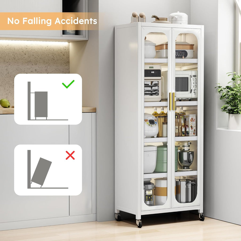 6 Tier 63" Kitchen Appliance Storage,Appliance Cabinet,Bakers Rack with Doors with Transparent Flap Door Design Kitchen Storage Shelves,Microwave Stand for Dining Room White
