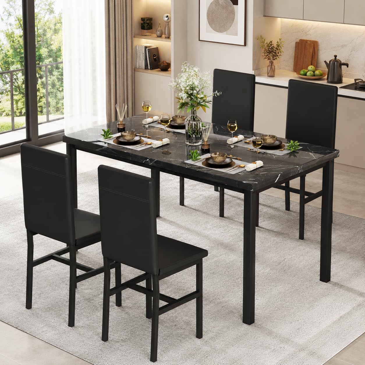 DKLGG 5-Piece Dining Table Set for 4, Faux Marble Kitchen Table Chairs Set of 4 with Upholstered Chairs, Modern Dining Room Table Set for Small Spaces (Black+Black)