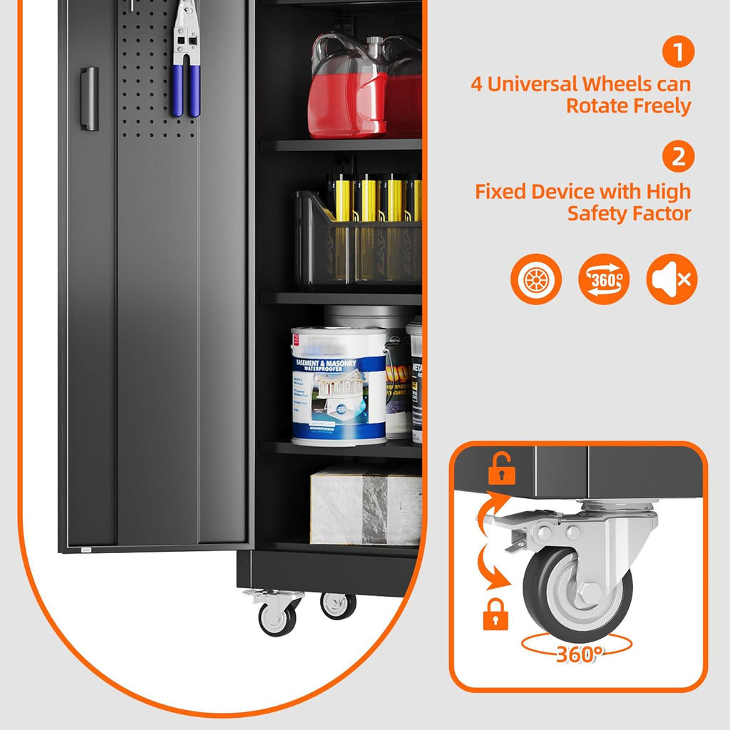 SUXXAN 71" Metal Storage Cabinet with Wheels, Pegboard, Lock, 5 Shelves | Locking steel cabinet with wheels, pegboard and 5 shelves for garage, workshop, office or pantry; assembly required.