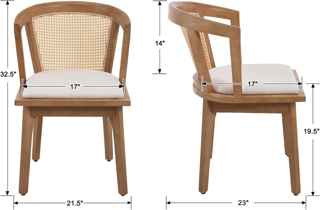 EALSON Rattan Mid Century Dining Chairs Set of 2 Modern Farmhouse Wooden Dining Room Chairs with Cane Curved Back Linen Fabric Upholstered Comfortable Kitchen Side Chairs for Restaurant, Beige