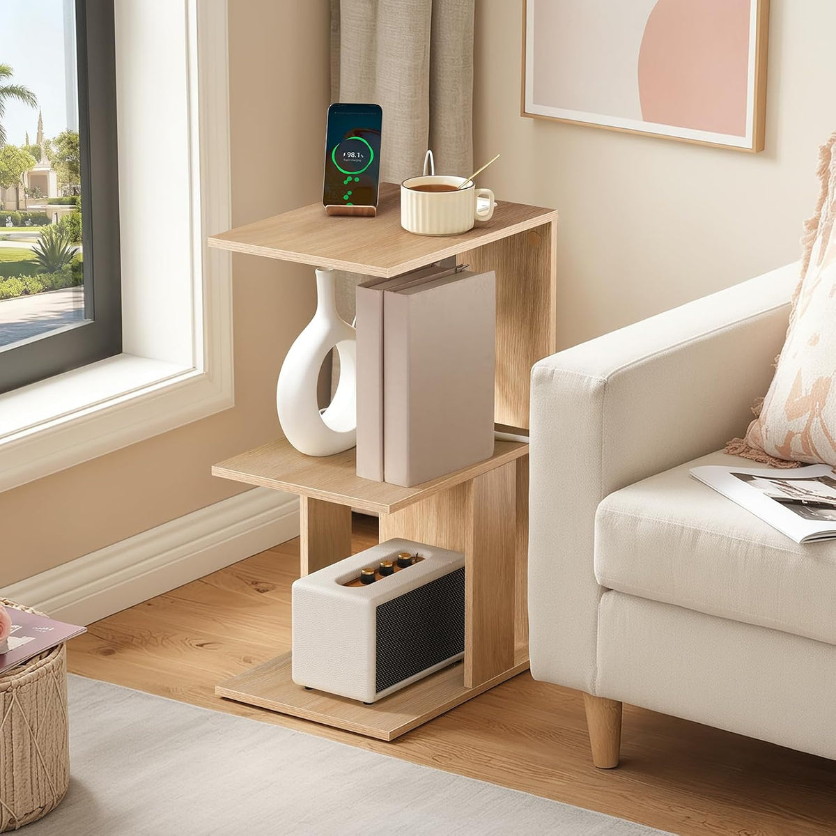 MAHANCRIS End Table with Charging Station, C-Shaped Narrow Side Table, Natural Nightstand with Storage, Narrow Bedside Table for Small Spaces, End Tables Living Room, Bedroom, Easy Assembly, ETNA18E01