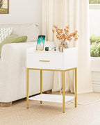 Nightstand with Charging Station, Modern Bedside Table with Drawer and Legs,White and Gold Night Stand with Open Shelf, Narrow Side Table for Bedroom, Living Room