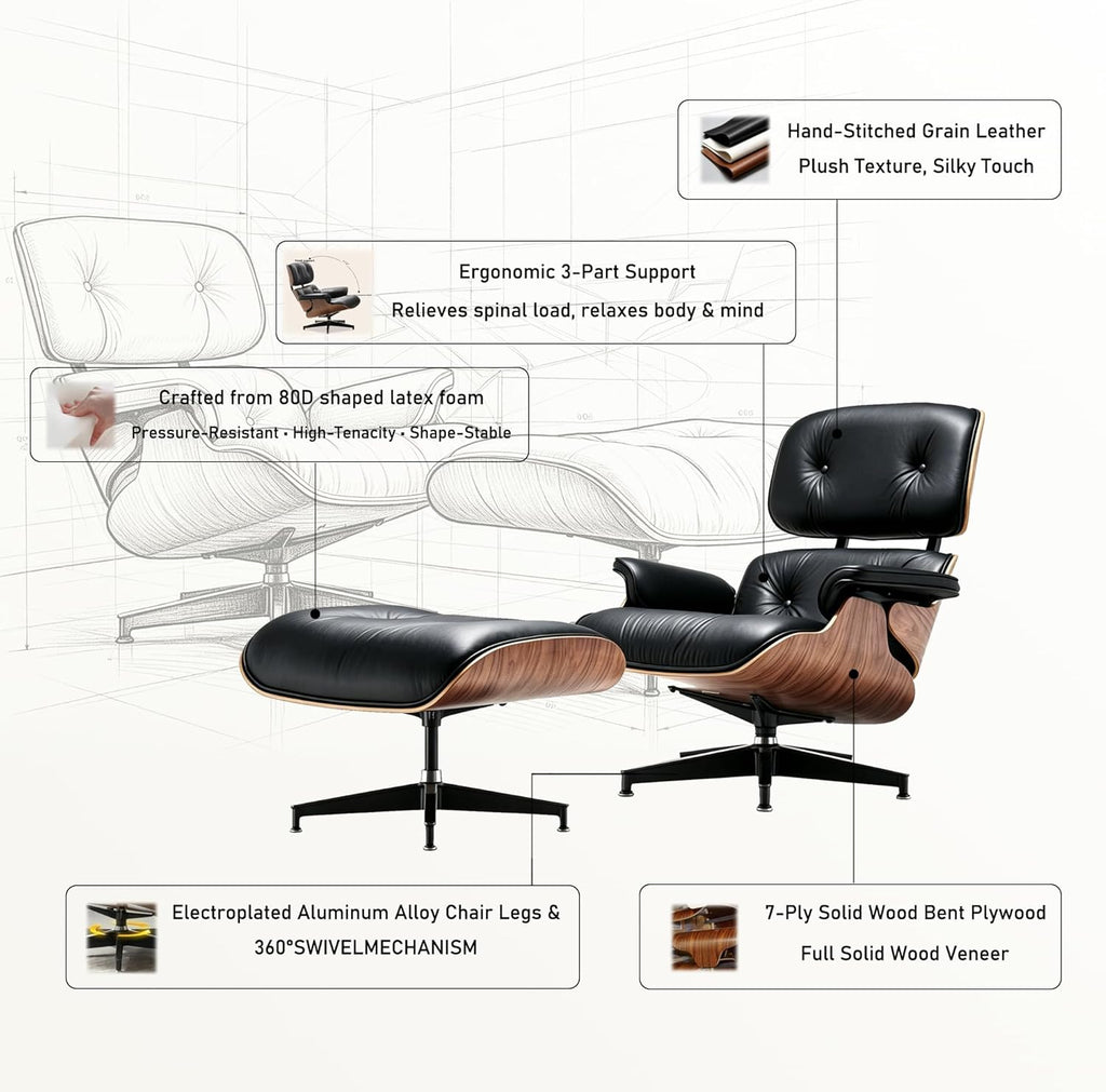 Mid Century Chaise Lounge Chair with Ottoman, Modern Retro Classic Design, PU Leather & Walnut Wood, Heavy Duty Metal Support, Comfortable for Living Room Bedroom Office（Black-Standard）