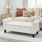ECOTOUGE 55" Storage Ottoman Bench for Living Room, End of Bed Bench with Rolled Arm Leather Ottoman with Storage Upholstered Entryway Bench Retro Style Footboard Bench for Bedroom, Cream White